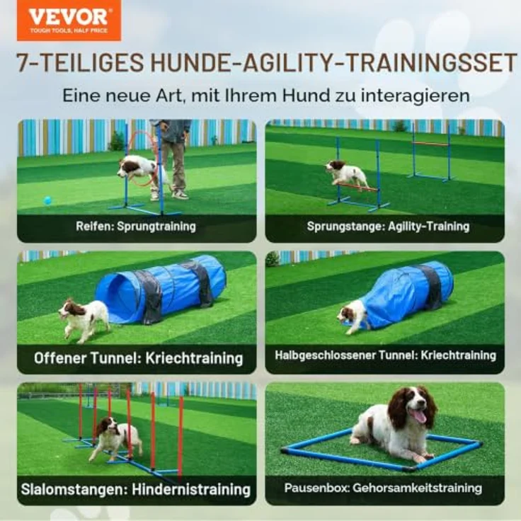 VEVOR Agility Set Hunde, 7-teiliges Hindernisparcours-Set mit verstellbaren Hürden, Slalomstangen, Tunneln und Zubehör, tragbar und einfach aufbaubar – Bild 2