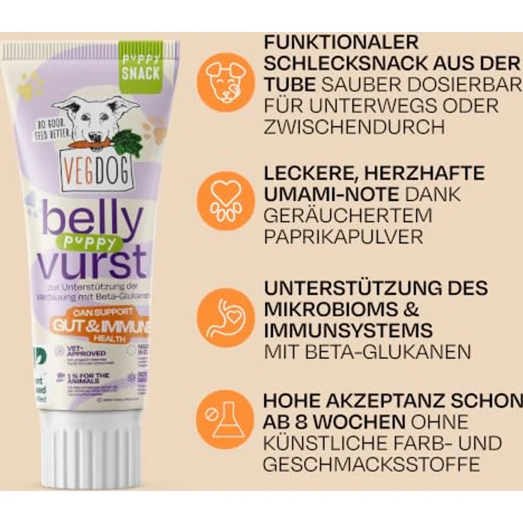 VEGDOG Belly Vurst Snack pflanzlich, 100% vegan für Welpen, hypoallergen, 5x75g – Bild 3