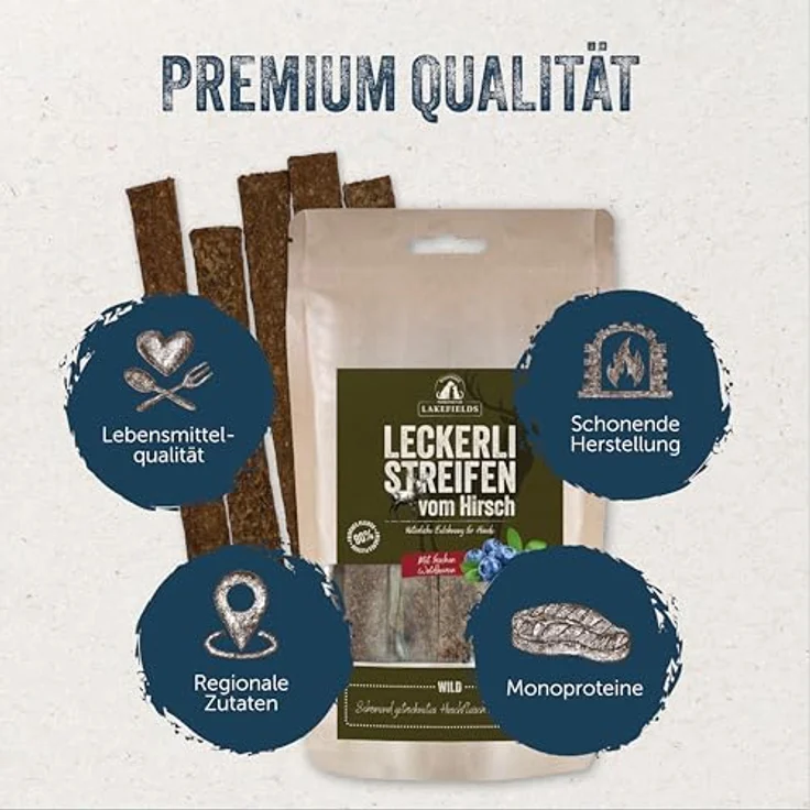 Lakefields Hundeleckerli, Trockenfleischstreifen vom Wild, 150g, 90% Hirschfleisch, getreidefrei mit Kartoffeln & Waldbeeren, knusprige Belohnung ohne Zusätze – Bild 2