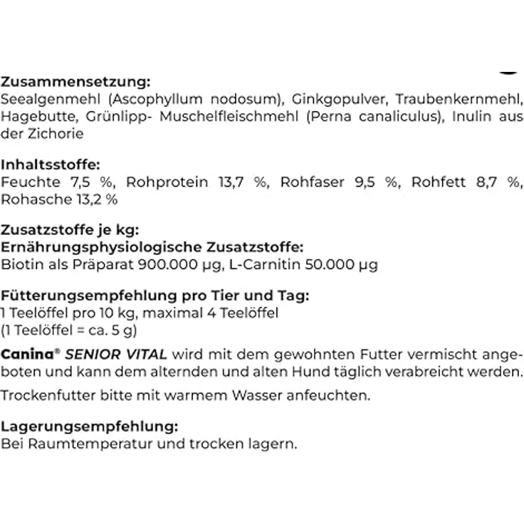 Canina Senior Vital, 500 g, natürliche Vitalstoffmischung mit Ginkgoextrakt und L-Carnitin für ältere Hunde – Bild 3