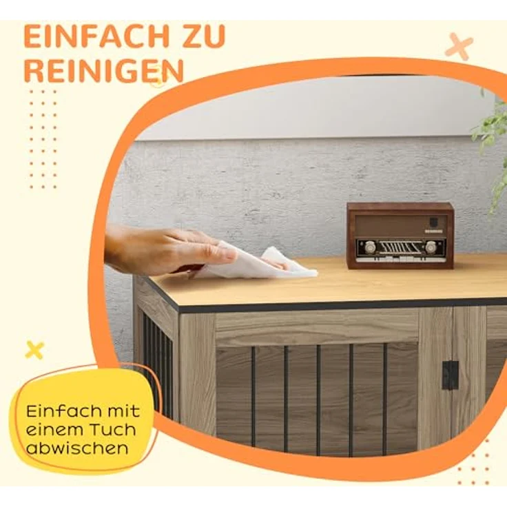 PawHut Hundekäfig Möbel, moderne Stahl Hundebox mit Türen und Fenster, geeignet für große Hunde bis 30 kg, Eiche, 106 x 60 x 76 cm – Bild 5