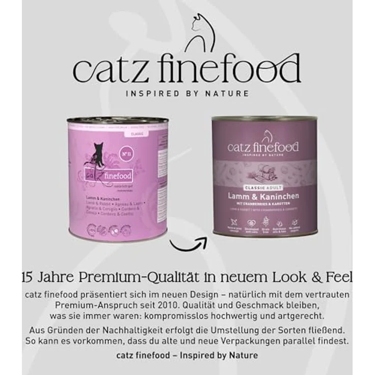 catz finefood N° 11 Lamm & Kaninchen Feinkost Katzenfutter, nass, 49% Lamm, 21% Kaninchen, verfeinert mit Cranberries & Karotte, 6 x 800g Dosen – Bild 4