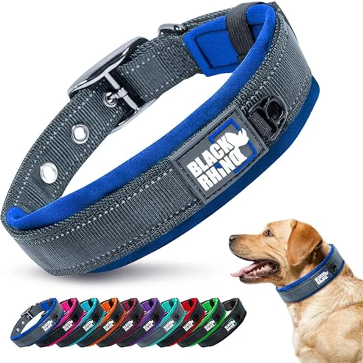Black Rhino - Das Comfort Halsband Super Weiches Neopren Gepostertes Hundehalsband für alle Hunderassen - Hochbeanspruchbar Verstellbar Reflektierend Wetterfest (Groß, Blau/Schwarz) – Bild 2