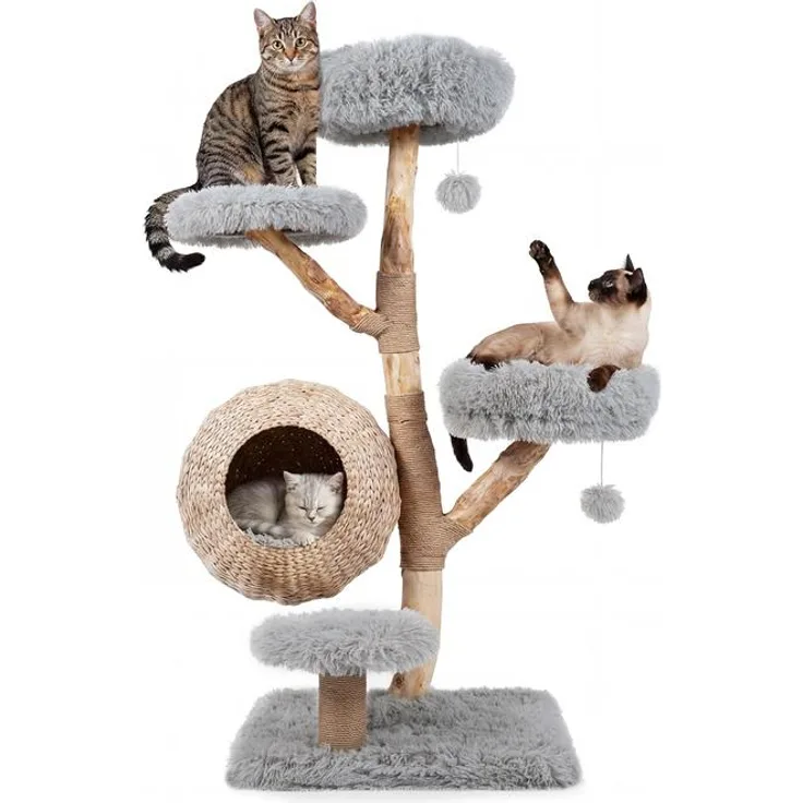 KOMFOTTEU 5-stufiger Katzenbaum, 134 cm mit Katzenhöhle, Jute-Kratzsäulen, gepolsterten Plattformen und Hängeball, grau/weiß