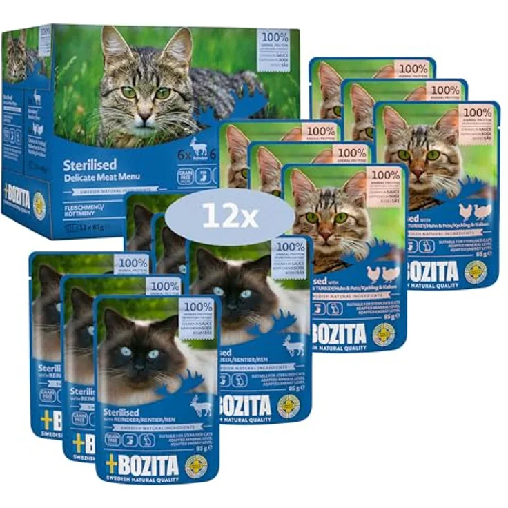 Bozita Sterilised Nassfutter Häppchen in Sauce mit Pute - 12x85g getreidefreies & weizenfreies Katzenfutter mit 8,5% Protein & 3,5% Fettgehalt