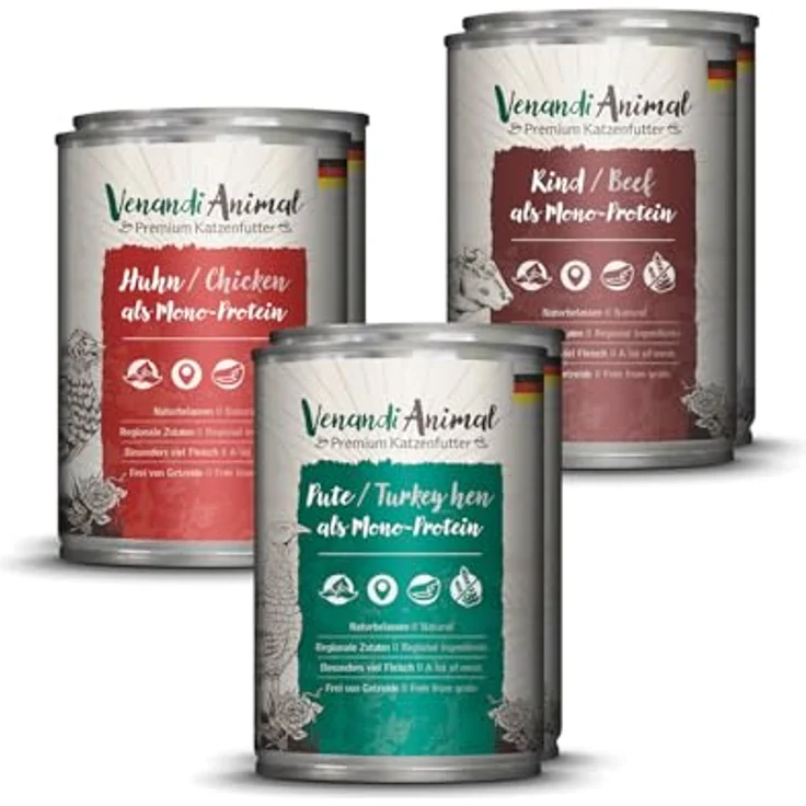 Venandi Animal Premium Nassfutter für Katzen, Probierpaket Huhn, Pute, Rind, 6 x 400 g, getreidefrei, naturbelassen, Made in Germany – Bild 1