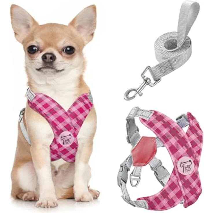 Pawaboo Hundegeschirr mit Leine, X-Rahmen Anti-Zug und Anti-Erstickung, verstellbar für kleine und mittelgroße Hunde, S, rosa kariert – Bild 1