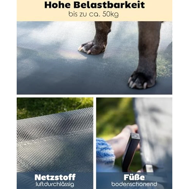 lionto Outdoor Hundeliege, stabile Haustierliege mit atmungsaktivem Netzbezug, 106x62 cm, grau, robuster Metallrahmen, abnehmbar, schützt vor Bodenkälte – Bild 3