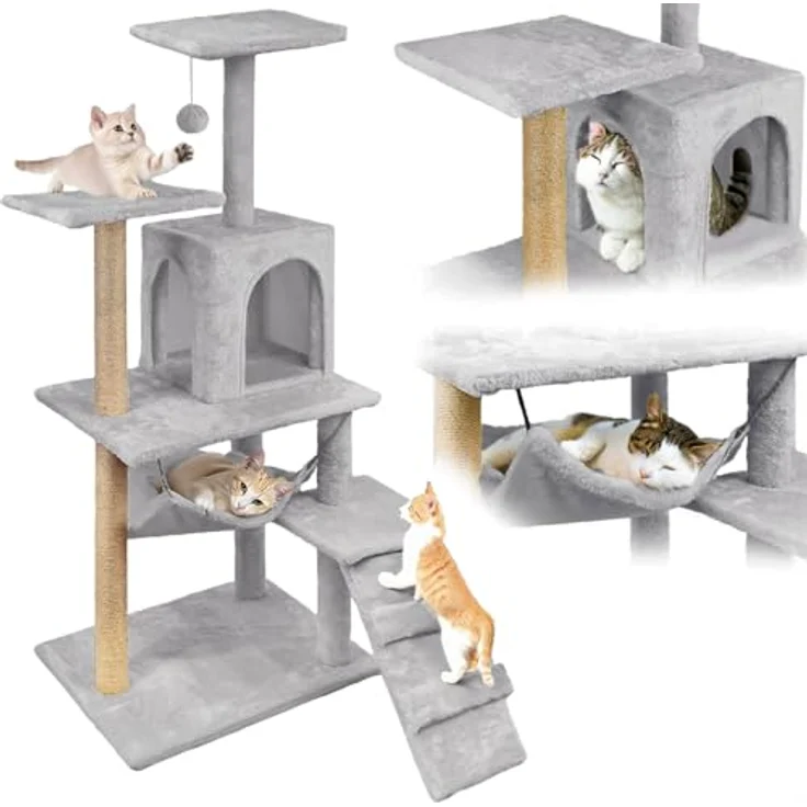 Mersjö Comfort Line Katzenkratzbaum, 125 cm hoch, mit 6 Ebenen, Haus und Spielzeug, hellgrau – Bild 1