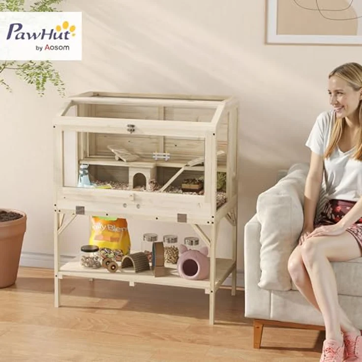 PawHut Hamsterkäfig aus Holz 2 Etagen mit Holz-Hütte, Unterlagefach, Wippen, Rampe, 84 x 53 x 110 cm, Natur – Bild 2