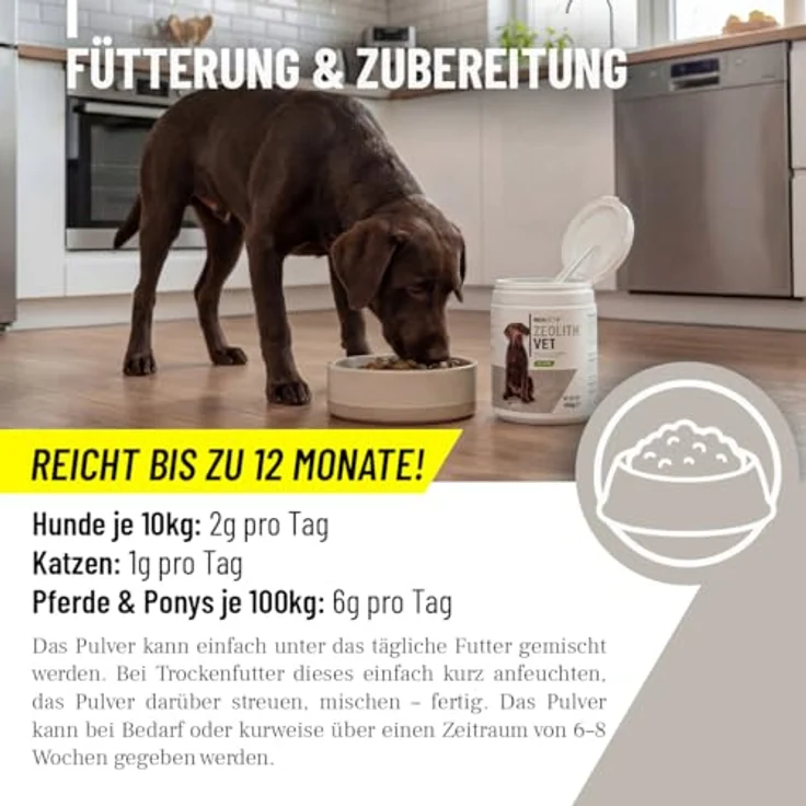 REAVET Zeolith VET 700g, mineralische Ergänzung für Hunde, Katzen & Pferde, unterstützt die Verdauung, 94% Klinoptilolith, geruchs- & geschmacksneutral, fein vermahlen – Bild 4