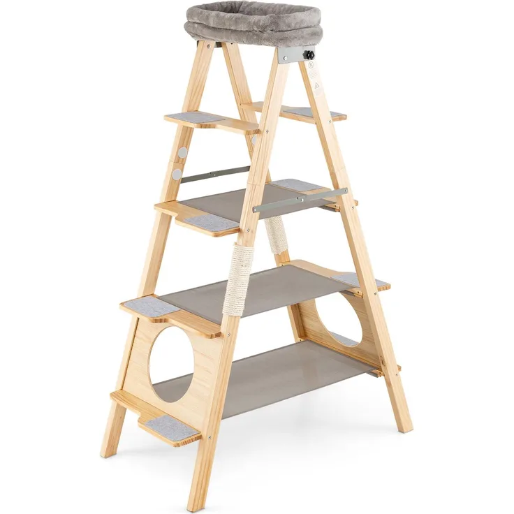 Goplus Kratzbaum Leiter, 5-stöckiger Katzenbaum aus Kiefernholz mit Sisal-Kratzpfosten und gepolsterter Plattform, Natur/Grau, 151 cm Kletterturm für Katzen