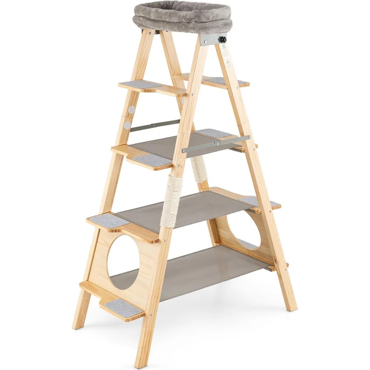 Goplus Kratzbaum Leiter, 5-stöckiger Katzenbaum aus Kiefernholz mit Sisal-Kratzpfosten und gepolsterter Plattform, Natur/Grau, 151 cm Kletterturm für Katzen