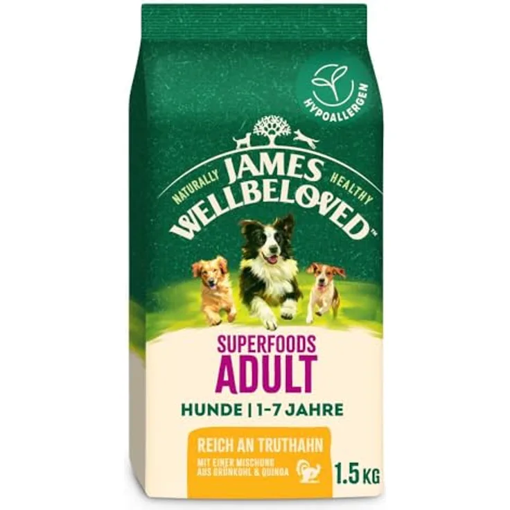 James Wellbeloved Superfoods 1,5kg Hund Trockenfutter Truthahn mit Grünkohl und Quinoa, hypoallergen und reich an natürlichen Antioxidantien