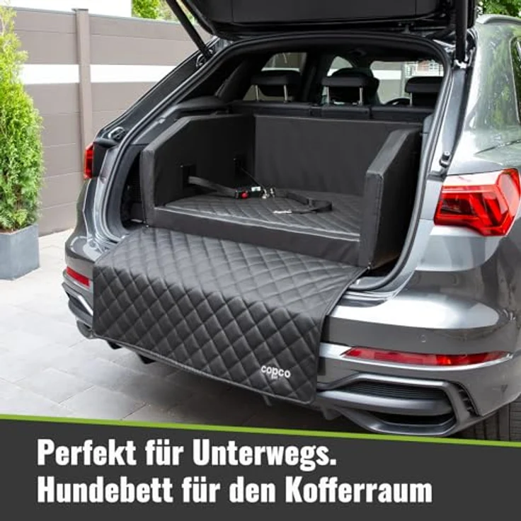 CopcoPet Hundebox Auto, Kofferraumschutz mit Ladekantenschutz, herausnehmbare Schutzmatte, 90x55x38cm, Schwarz, mit Anschnallsystem für sichere Fahrt – Bild 3