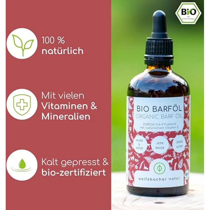 Wolfsbacher Futteröl für Hunde 100ml, 100% Bio Barföl aus Leinöl, Nachtkerzenöl, Olivenöl, Kürbiskernöl und Chiaöl, mit Omega 3-6-9, vegan und kaltgepresst, DE-ÖKO-060 – Bild 3