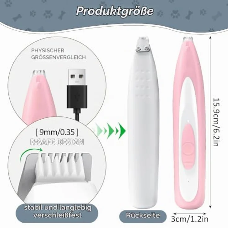 FFTANXS Rosa Wasserdichte Pfotentrimmer für Hunde & Katzen, Profi-Schermaschine mit LED-Licht, leise und vibrationsarm, USB wiederaufladbar – Bild 2