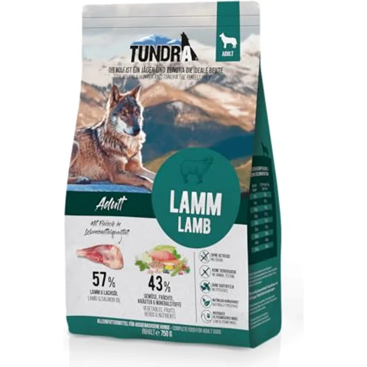 Tundra Dog Lamm, 750 g Trockenfutter für ausgewachsene Hunde, getreidefrei, Lebensmittelqualität, mit viel frischem Obst und Gemüse