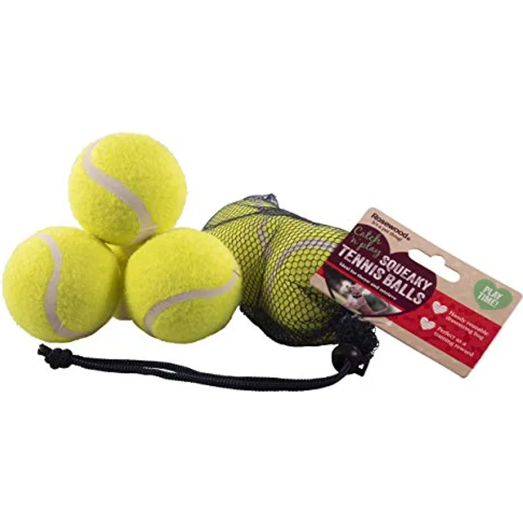 Rosewood Quietschende Tennisbälle für Hunde, 3 Stück, ideal für Wurf- und Apportierspiele mit Quietscher, inklusive praktischem Netzbeutel