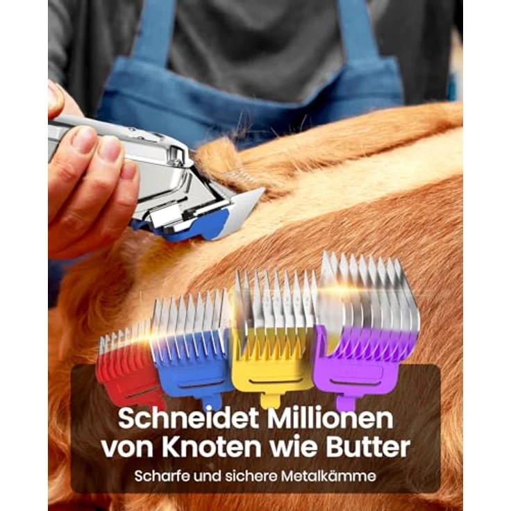oneisall Leise Hundeschermaschine, Hochleistungs Tierhaarschneidemaschine mit Metall-Führungskamm für dickes, lockiges und feines Haar, kabellos, silber – Bild 2