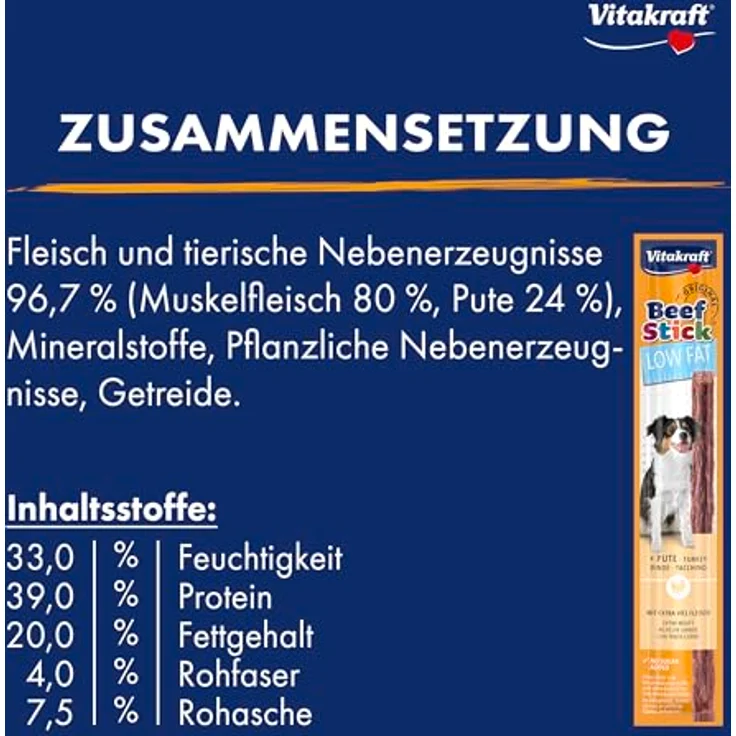 Vitakraft Beef Stick Low Fat, Hundeleckerli für Hunde mit Gewichtsproblemen, ohne Zuckerzusatz, 50x12g – Bild 5