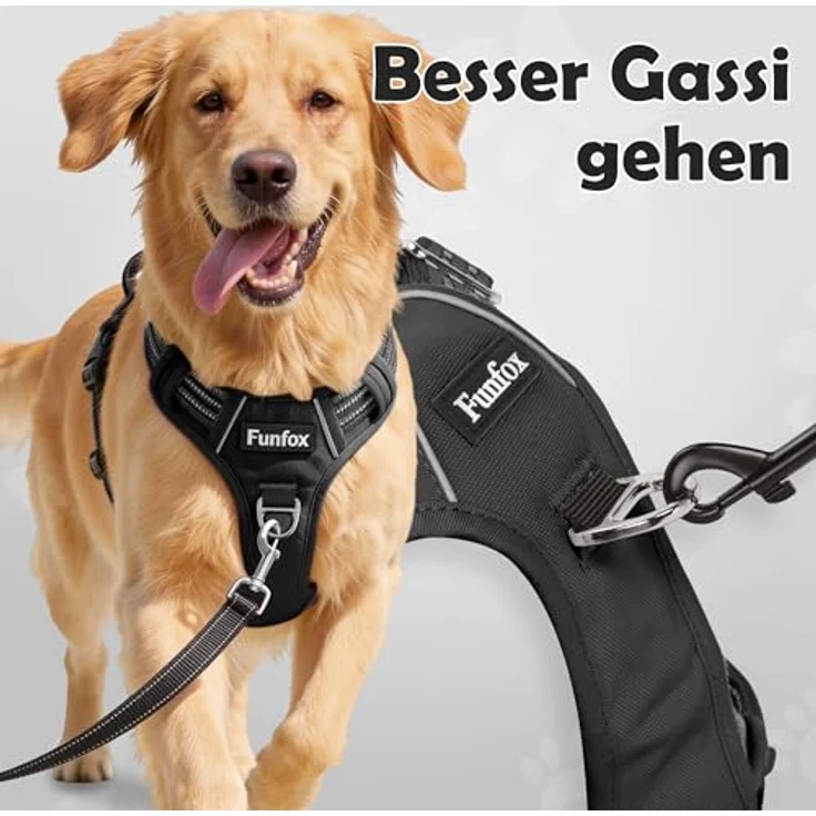 Funfox Anti-Zug Hundegeschirr für Mittelgroße Hunde, verstellbar mit Griff und Reflexstreifen, No Pull Brustgeschirr in Schwarz, Größe L – Bild 3