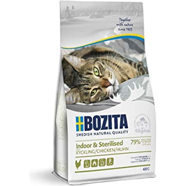 Bozita Indoor & Sterilised Katzentrockenfutter mit Huhn, 400g – getreidefreies Alleinfuttermittel für sterilisierte Wohnungskatzen, 32% Protein, 14% Fett, zuckerfrei, gentechnikfrei – Bild 1