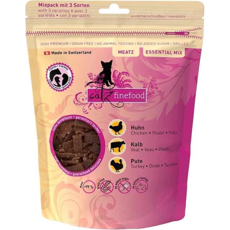 Catz Finefood MEATZ ESSENTIAL MIX, Katzensnack aus feinem Muskelfleisch, monoprotein, getreidefrei, 45g – Bild 1
