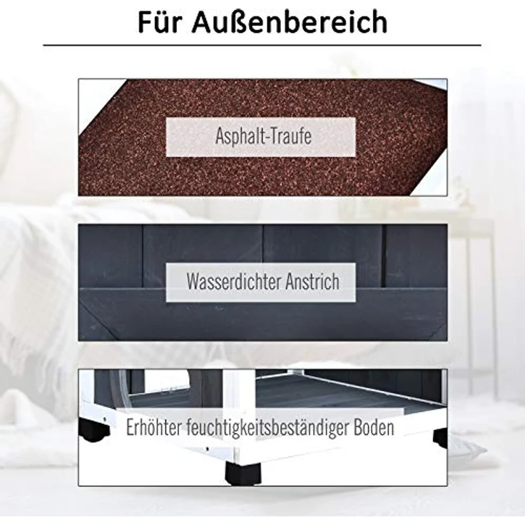 PawHut 2-stöckiges Katzenhaus für Draußen aus Tannenholz, wetterfest mit Asphaltdach, Blau, 59 x 55 x 109 cm, für bis zu 30 kg belastbar, mit Balkon und Hängematte – Bild 5