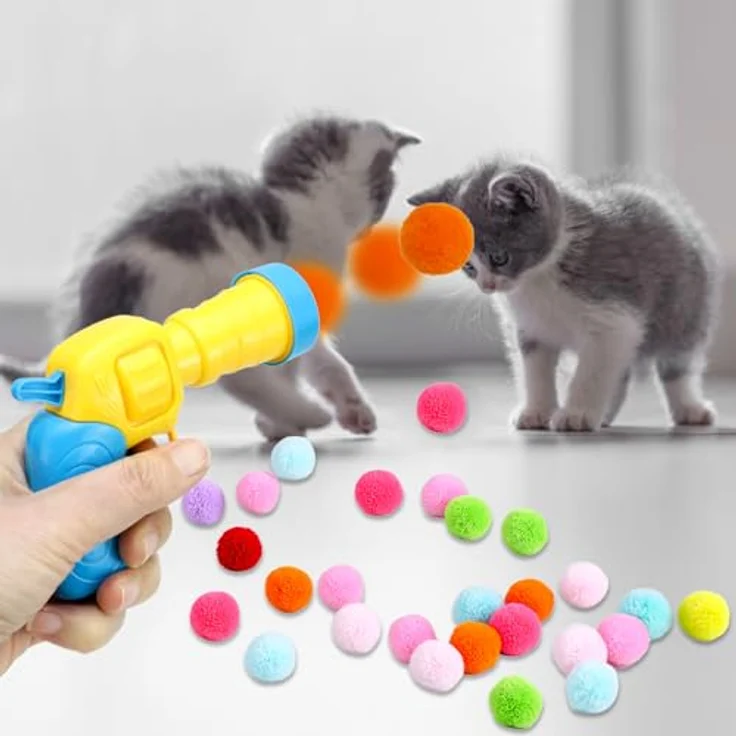 QWORK® Interaktives Katzenspielset, Katzenspielballwerfer mit 100 bunten Pompons, für Indoor-Training und natürliche Jagdinstinkte – Bild 5