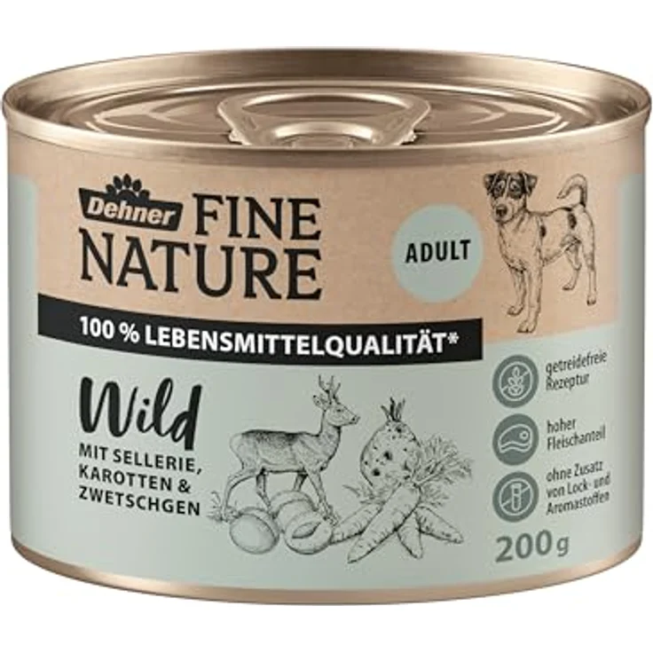 Dehner Fine Nature Hundefutter, Nassfutter in Lebensmittelqualität für ausgewachsene Hunde, Wild mit Sellerie und Karotten, 6 x 200 g Dose (1.2 kg) – Bild 2