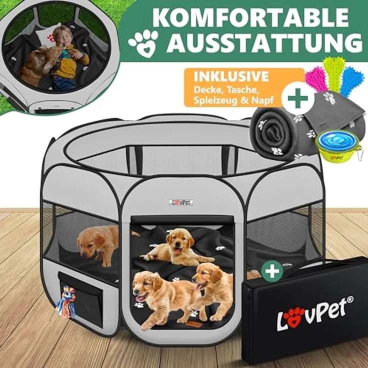 LOVPET® Welpenlaufstall, faltbar für Hunde und Katzen, 125 cm Durchmesser, inkl. Hundenapf und Fleece Decke, Oxfordgewebe, Pop-up System, hellgrau/schwarz, für Indoor & Outdoor – Bild 3
