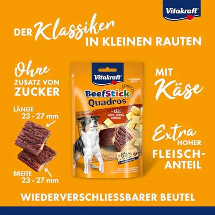 Vitakraft Beef Stick Quadros, Sparpaket 7 x 70 g, Hundesnack mit Käse, getreidefrei, eiweißreich und über Buchenholz geräuchert – Bild 2