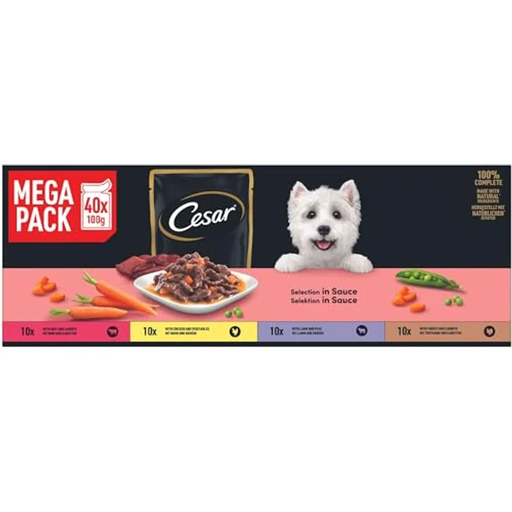 Cesar Selektion in Sauce, Premium Hunde Nassfutter im Portionsbeutel, 4 Varietäten, 40x100g, 100% vollwertig, ohne Zuckerzusatz, natürliche Zutaten – Bild 2