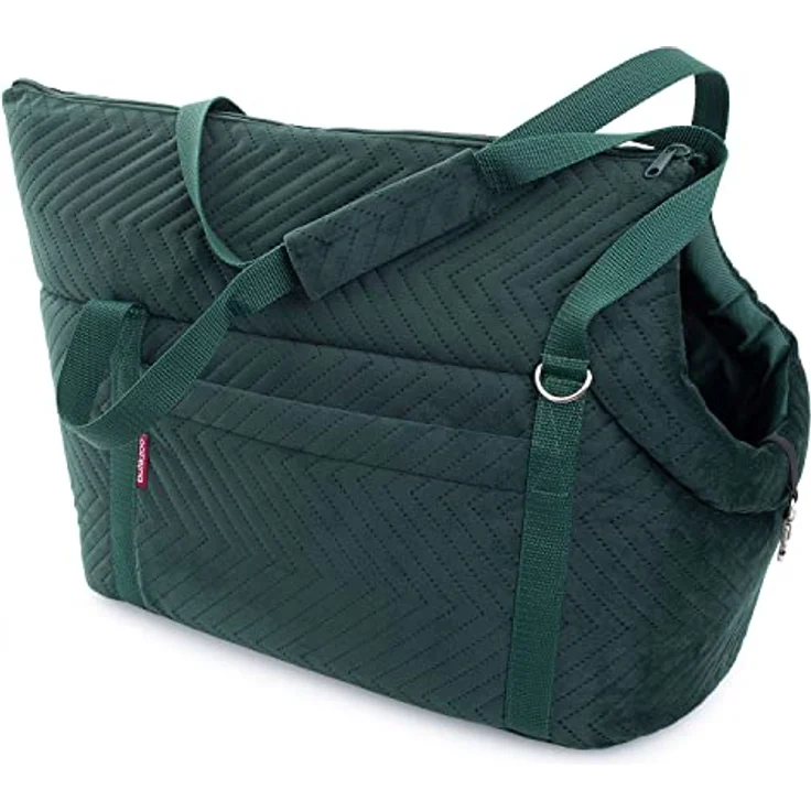 BOUTIQUE ZOO Transporttasche für Hunde und Katzen, Schultertasche aus Wildlederimitat - Velvet, bis 10 kg, Größe M, Grün, mit Gummiband und Karabiner – Bild 2