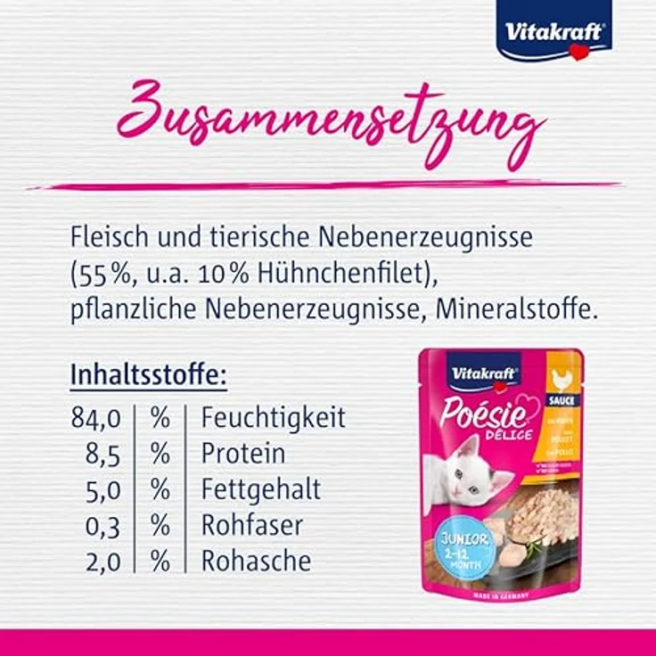 Vitakraft Poésie Délice Junior, Nassfutter für Katzen in Sauce mit Huhn, 85g, ohne Zucker und Getreide, ideal für junge Katzen – Bild 4