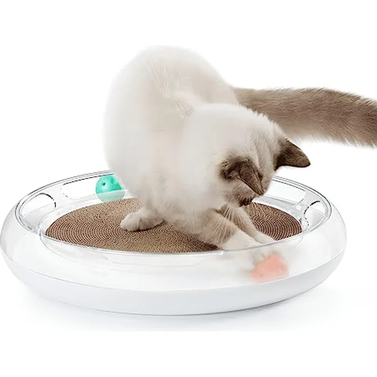 Petkit 4 in 1 Katzenskratzer, Katzenspielzeug mit 2 Meow Planet-Bällen und austauschbarem Kratzbrett aus Pappe, blau und orange