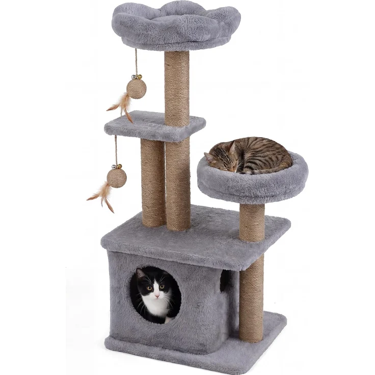KOMFOTTEU Kratzbaum, 96 cm mit blumenförmiger Plattform, Höhle und 3 Kratzsäulen, Katzenbaum für große und kleine Katzen, Hellgrau