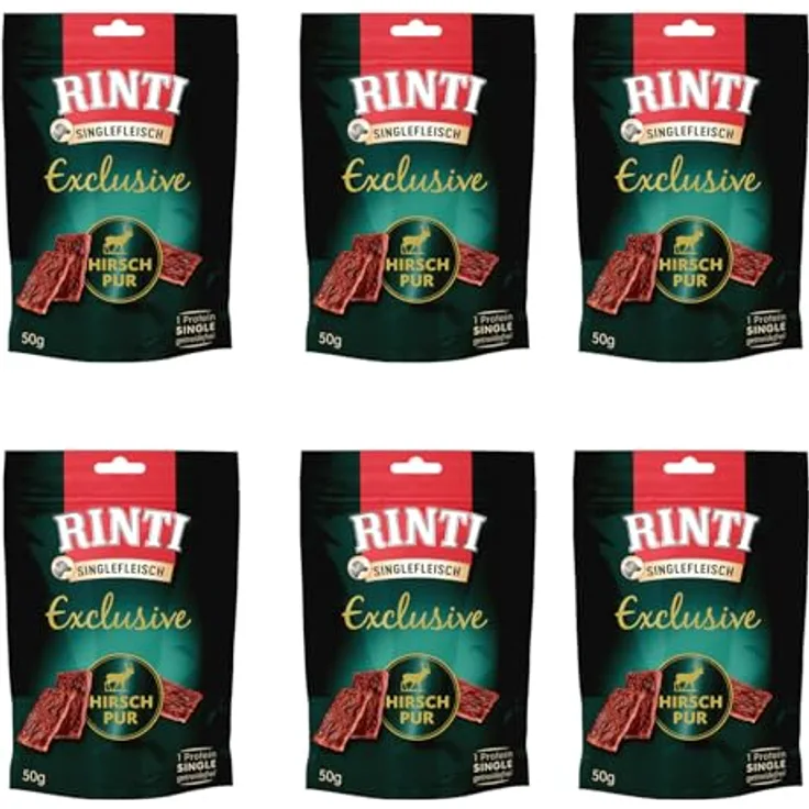 Rinti Singlefleisch Exclusive Snack Hirsch Pur, Ergänzungsfuttermittel für ausgewachsene Hunde, 6er Pack mit 6 x 50 g, Hypoallergen für empfindliche Hunde bei Allergien