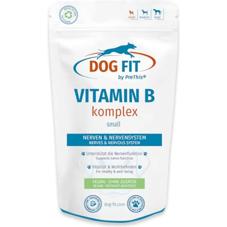 DOG FIT by PreThis® Vitamin B Komplex für Hunde, mit aktivem B12 (Methylcobalamin), vegan & ohne Zusätze, für normale Nervenfunktion, Energie & Vitalität, geeignet für Hunde bis 10kg, 60 Kapseln