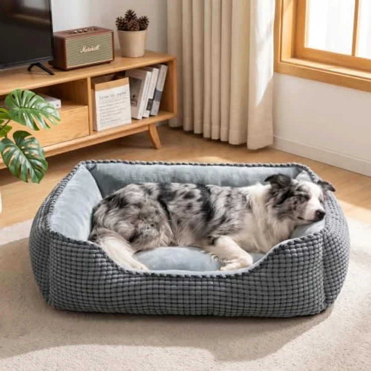 JOEJOY Hundebett für Mittelgroße Hunde, Waschbar, 76x61x23cm, Kordstoff mit Flanell-Innenbezug, Rutschfeste Unterseite, Erhöhter Rand als Kopfstütze – Bild 1