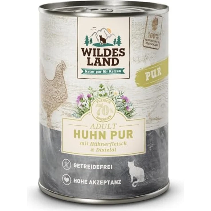 WILDES LAND Hühnerpüree Nassfutter für Katzen mit Distelöl, 6 x 400 g Tablett, natürliche Inhaltsstoffe