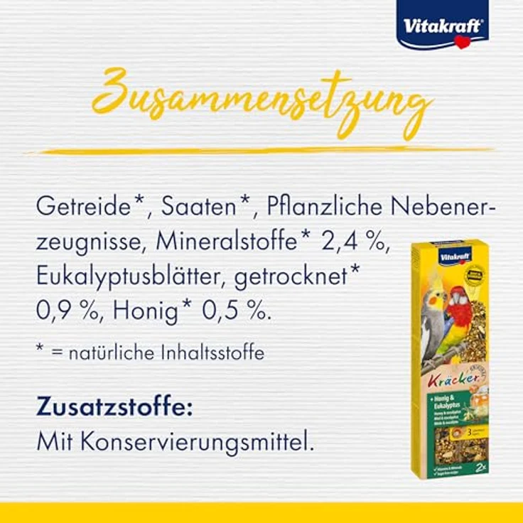 Vitakraft Kräcker Großsittich, 2 x 2 Sticks Honig & Eukalyptus, ergänzendes Vogelfutter mit wertvollen Vitaminen, zuckerfreie Rezeptur, 180 g – Bild 5