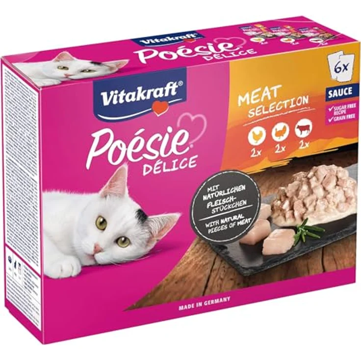 Vitakraft Poésie Délice, Meat Selection, Nassfutter für Katzen in Sauce, mit Huhn, Pute und Rind, 6 x 85g – Bild 1