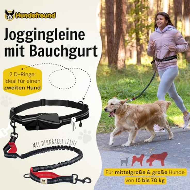 Hundefreund Joggingleine mit Bauchgurt Schwarz, Elastische Ruckdämpfende Leine für Hunde bis 70 kg, Reflektierend, Freie Hände zum Joggen Radfahren Wandern – Bild 2