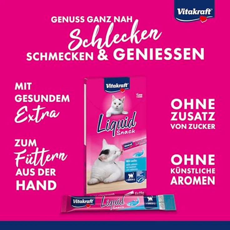 Vitakraft Cat Liquid-Snack mit Lachs + Omega 3, Katzensnack im Sparpaket 24 x 15 g, kalorienarm, ohne Farb- und Konservierungsstoffe – Bild 2