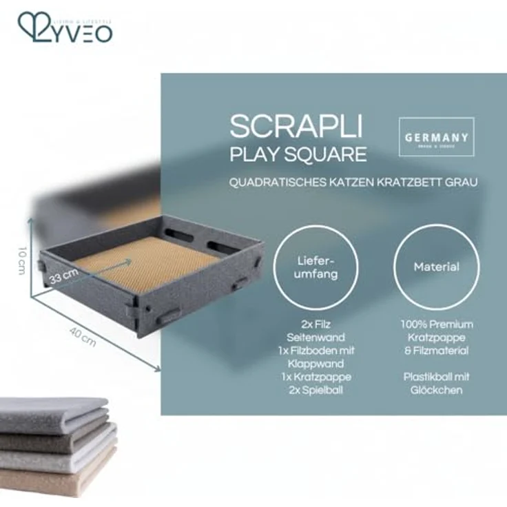 Lyveo Katzenbett 3-in-1 mit austauschbarem Kratzbrett aus Pappe, 43×33×8 cm, grau, inkl. Spielball – ideal für Schlafen, Spielen & Kratzen – Bild 2