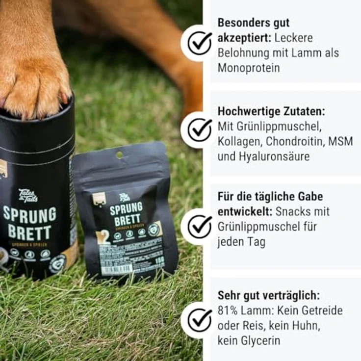 Tales & Tails Sprungbrett Funktionaler Snack für Hunde mit Lammmonoprotein, Grünlippmuschel, Kollagen, Allergiker geeignet, Getreidefrei - 1 Dose 325g – Bild 2
