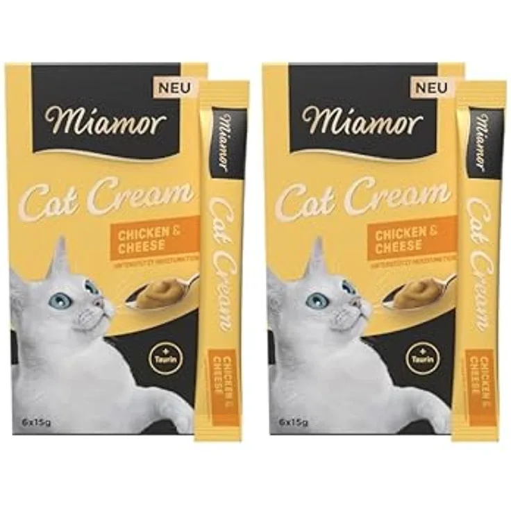 Miamor Cat Cream Chicken & Cheese, leckerer Katzensnack mit Huhn & Käse, kalorienarm, Doppelpack (2 Tafeln à 6x15g) mit Taurin