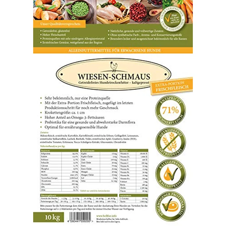 Bellfor Wiesen-Schmaus, Hochwertiges Kaltgepresstes Trockenfutter für Hunde mit Huhn, Getreidefrei, Allergikerfreundlich, 10 kg – Bild 4